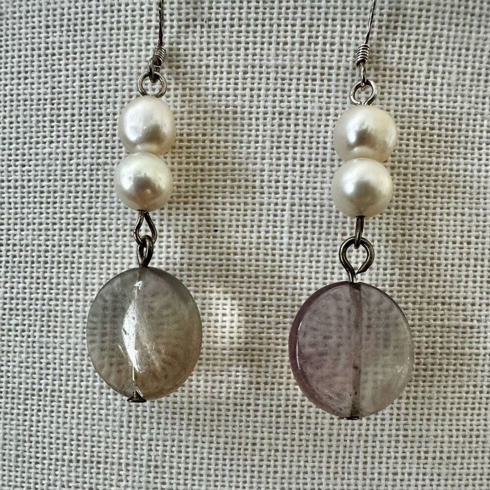 Handmade Freshwater Pearl & Fluorite Dangle Earrings